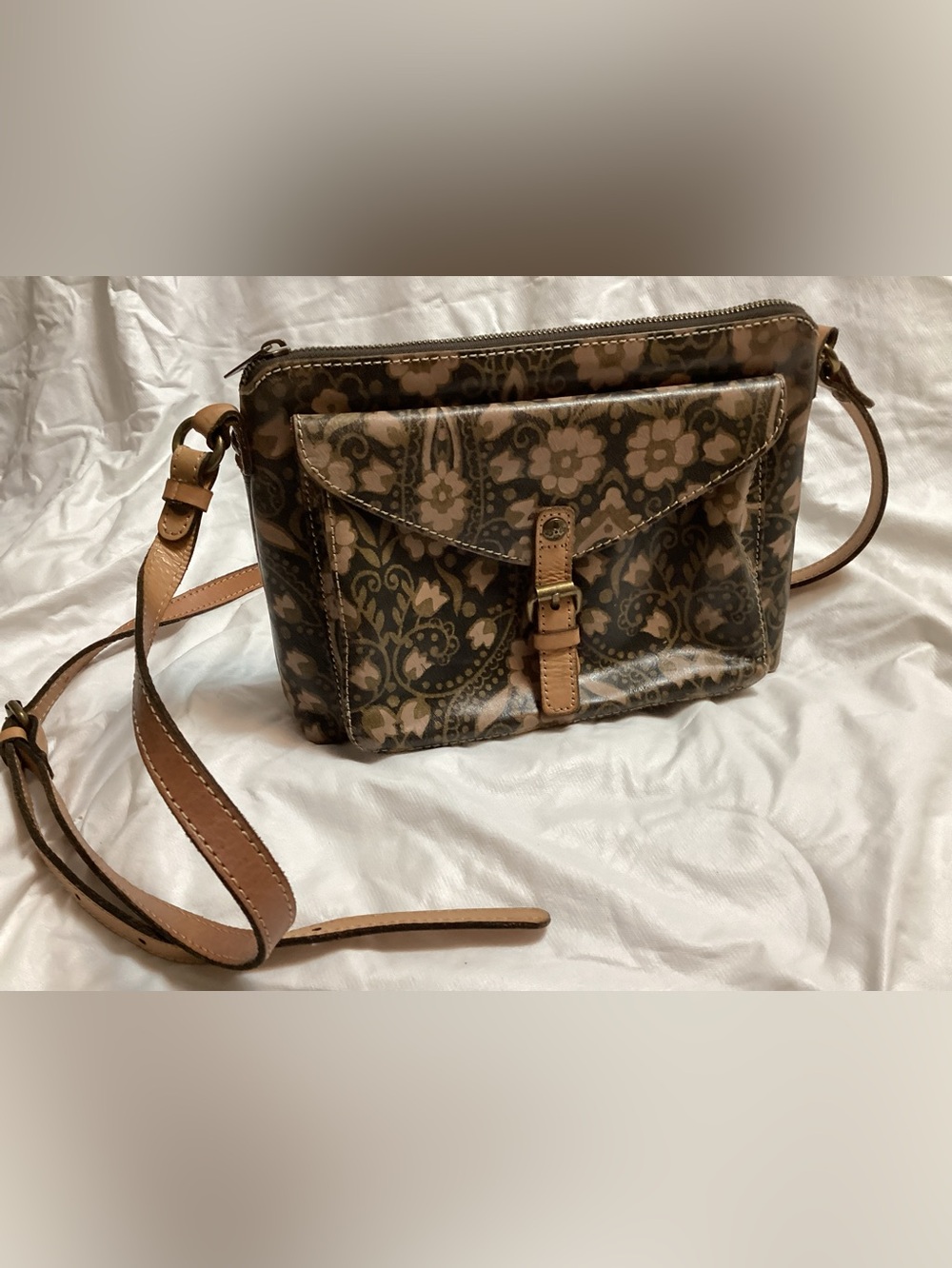 Patricia Nash Brown Floral Crossbody with Tan Trim